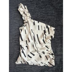 The Limited One Shoulder Ruffle Satin Top XS Ivory Black Abstract Print Blouse